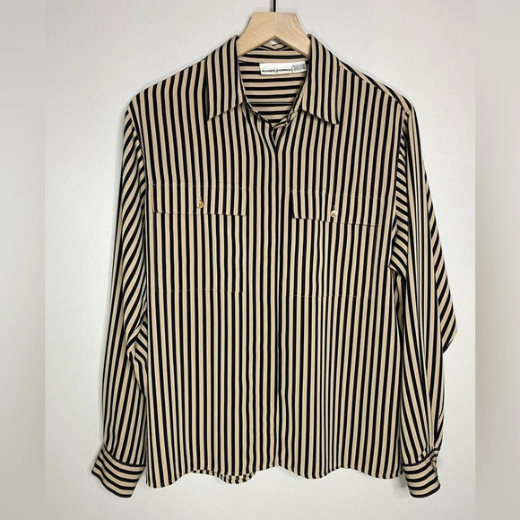 Vintage Alfred Dunner blouse Tan and Black Striped Button Up Shirt women size 12 - Picture 1 of 9